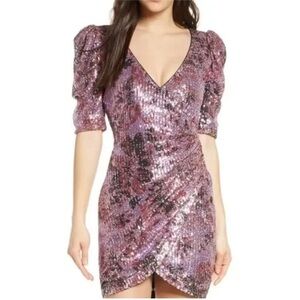 One33 Social Pink Multi Sequin Faux Wrap Mini Dress size 8